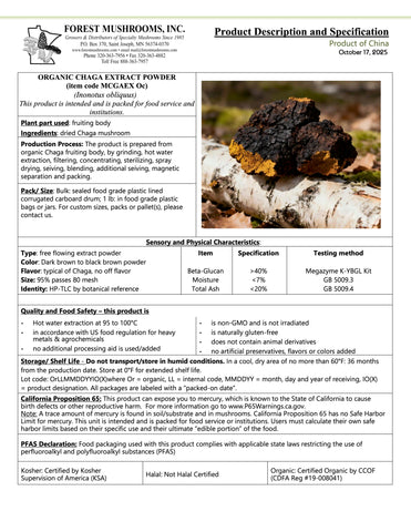 Dried Organic Chaga Mushroom EXTRACT POWDER V.2025